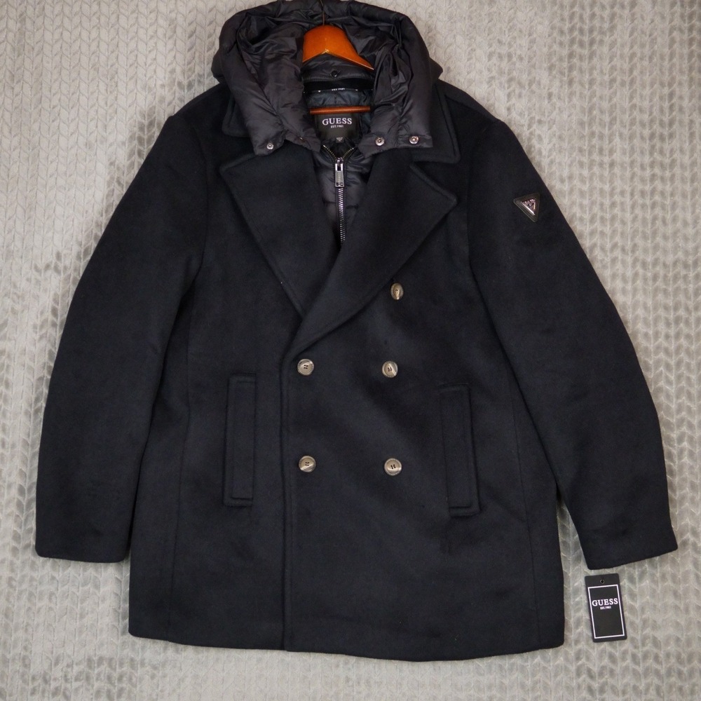 NWT Guess Jeff Peacoat Mens XL Navy Sea Hooded Quilted Bib Double Breasted